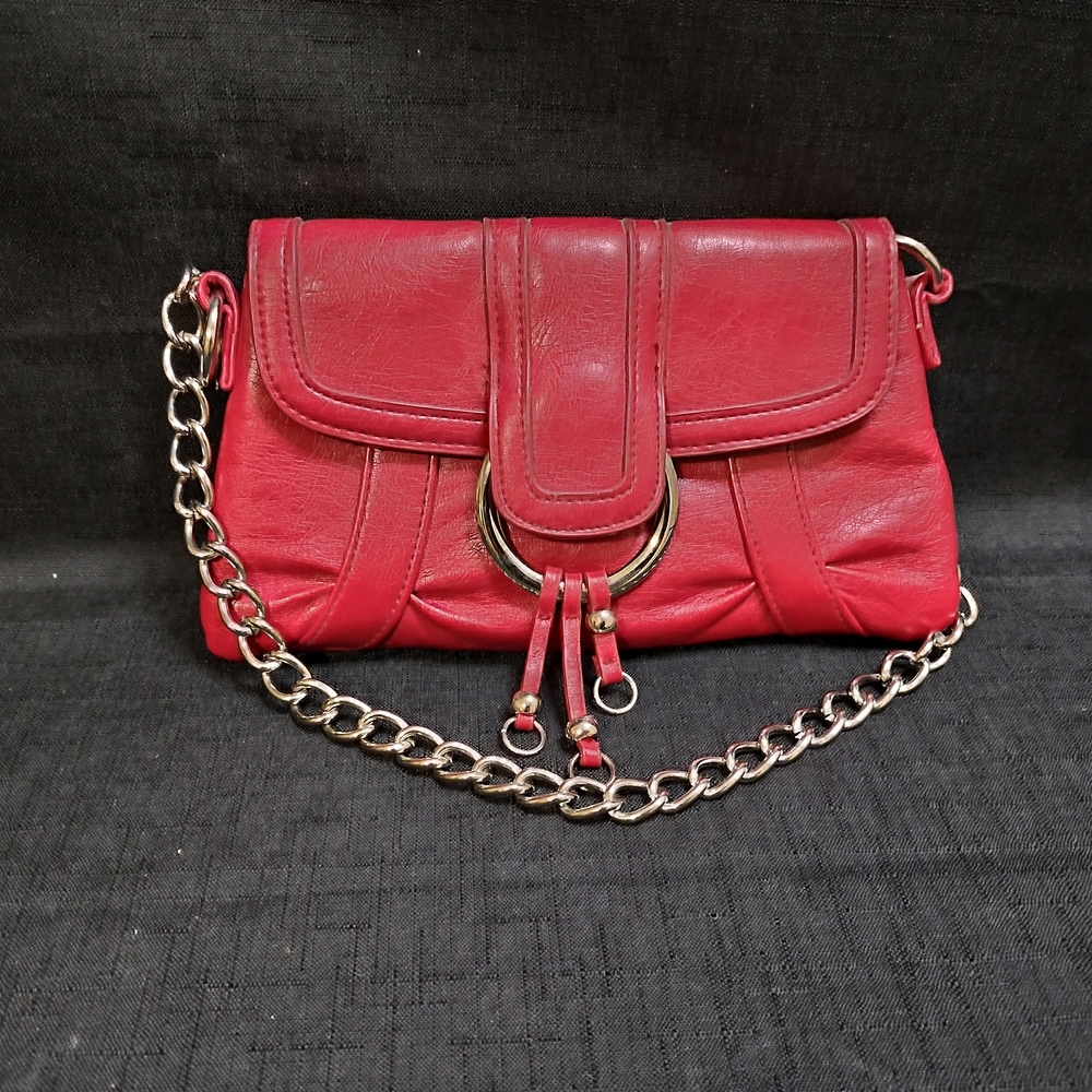 Red Faux Leather Chain Strap Clutch